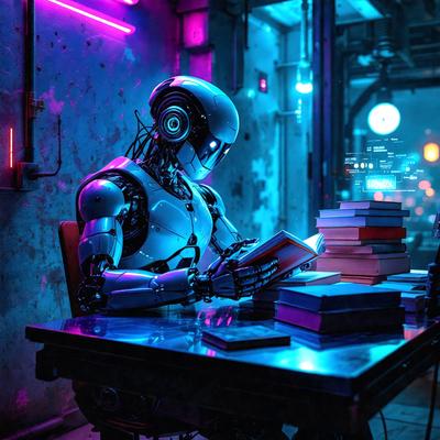 Primary subject: A robot sitting at a table with books.

Setting/background: The robot is sitting at a table with books, and there is a chair nearby. The scene is set in a room with a purple glow.

Visual style: The image is a digital artwork.

Colors and mood: The dominant colors are purple and blue, creating a futuristic and mysterious atmosphere.